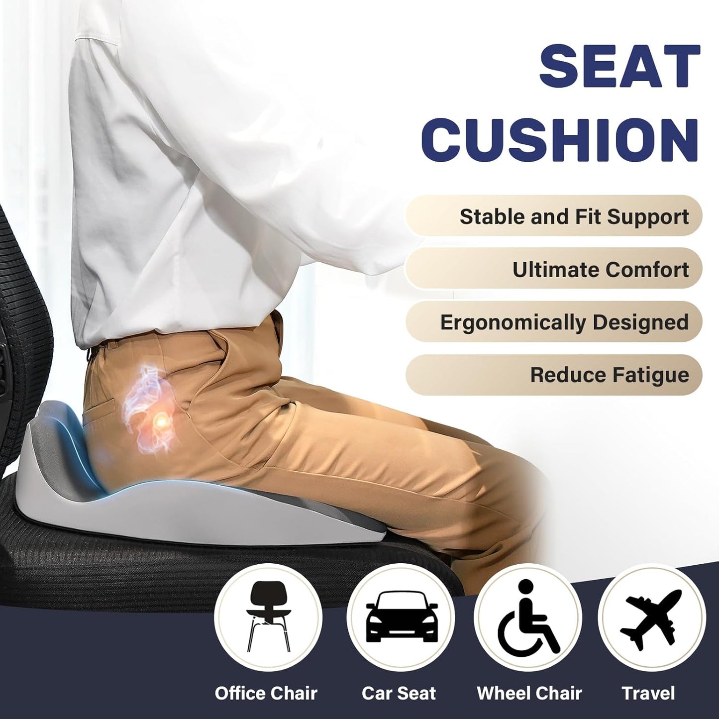 Coverado Car Seat Cushion for Car Seat Driver/Passenger, Memory Foam Seat Cushions for Office Chairs, Tailbone Pain Relief Cushion, Sciatica & Back Support Black&Gray