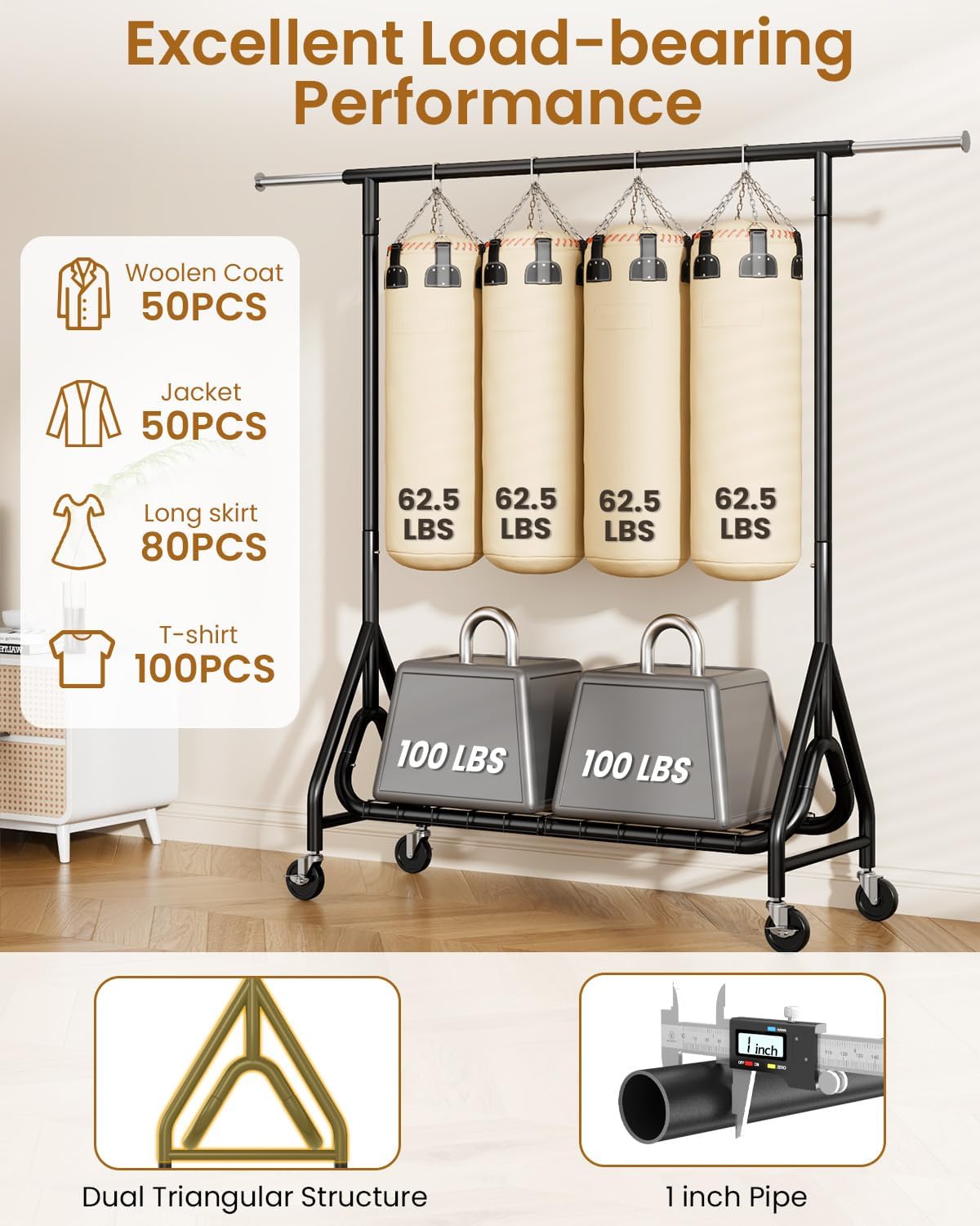 Heavy Duty Clothes Rack, Metal Clothing Rack Load 450 LBS, Rolling Coat Racks for Hanging Clothes with Lockable Wheels, Wardrobe Closet Garment Racks for Bedroom, Black - Lumora Desk