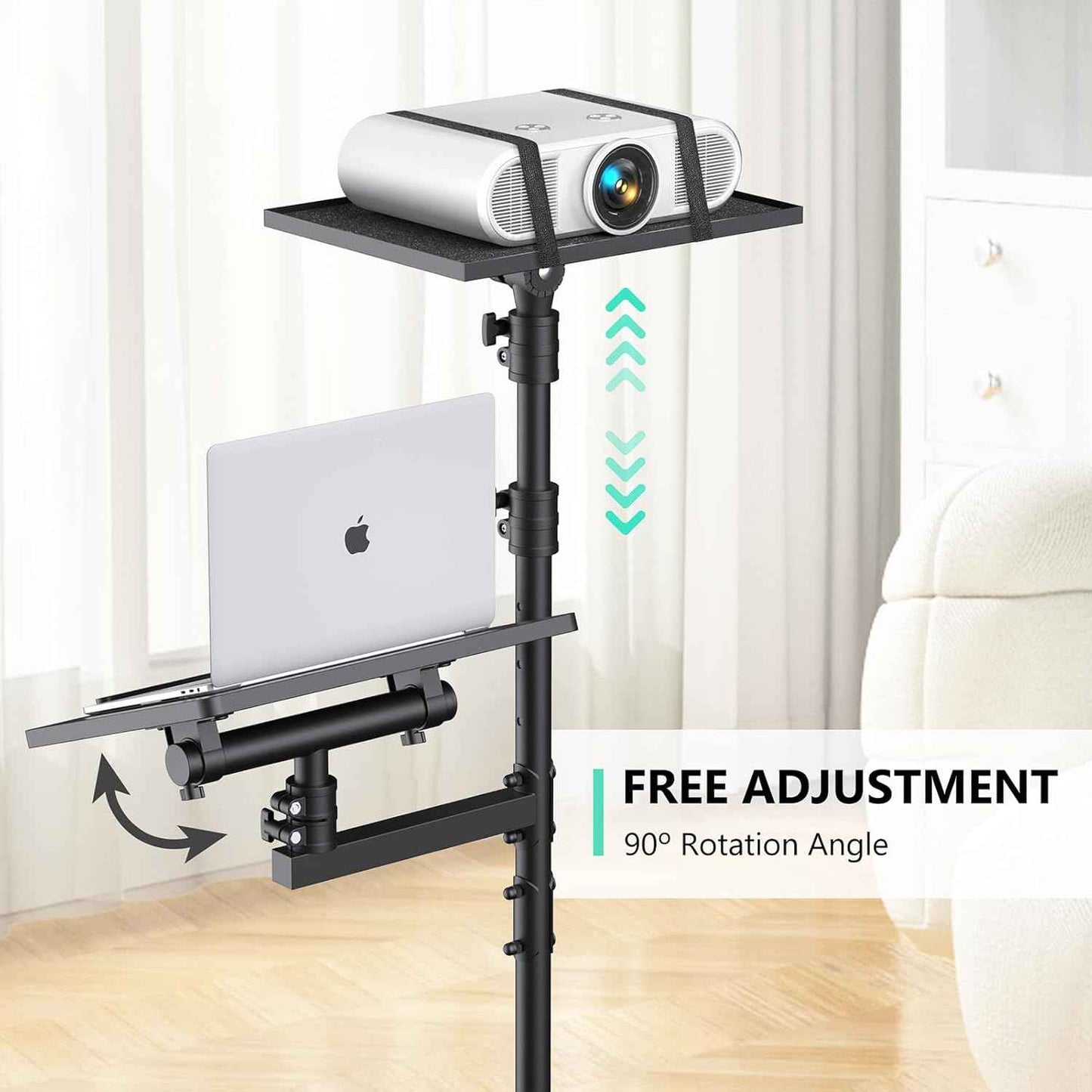 Projector Stand Tripod: 2 Shelves Mobile Laptop Cart Adjustable Height 45 to 64 Inches, Rolling Laptop Stand Cart with Ventilated Tray, Projector Tripod Stand on Wheels for Couch, Bedside, Meeting