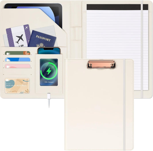 Ospelelf Foldable Clipboard Padfolio with Notepad 8.5 x 11, Faux Leather Business Clipboard Folio for Women Portfolio Organizer, Beige