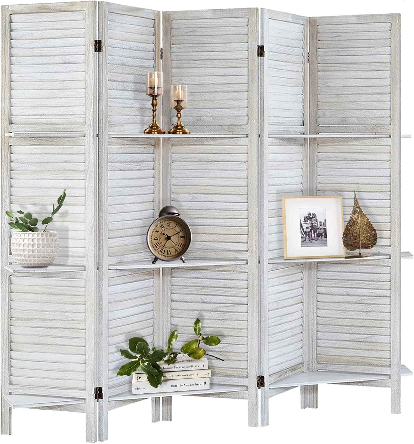 Room Divider with Shelves, Privacy Screen, Room Dividers and Folding Privacy Screens, 5 Panel Wood Temporary Wall Partition Separation Separator, Distressed White