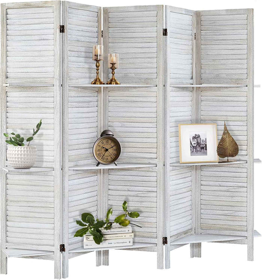 Room Divider with Shelves, Privacy Screen, Room Dividers and Folding Privacy Screens, 5 Panel Wood Temporary Wall Partition Separation Separator, Distressed White