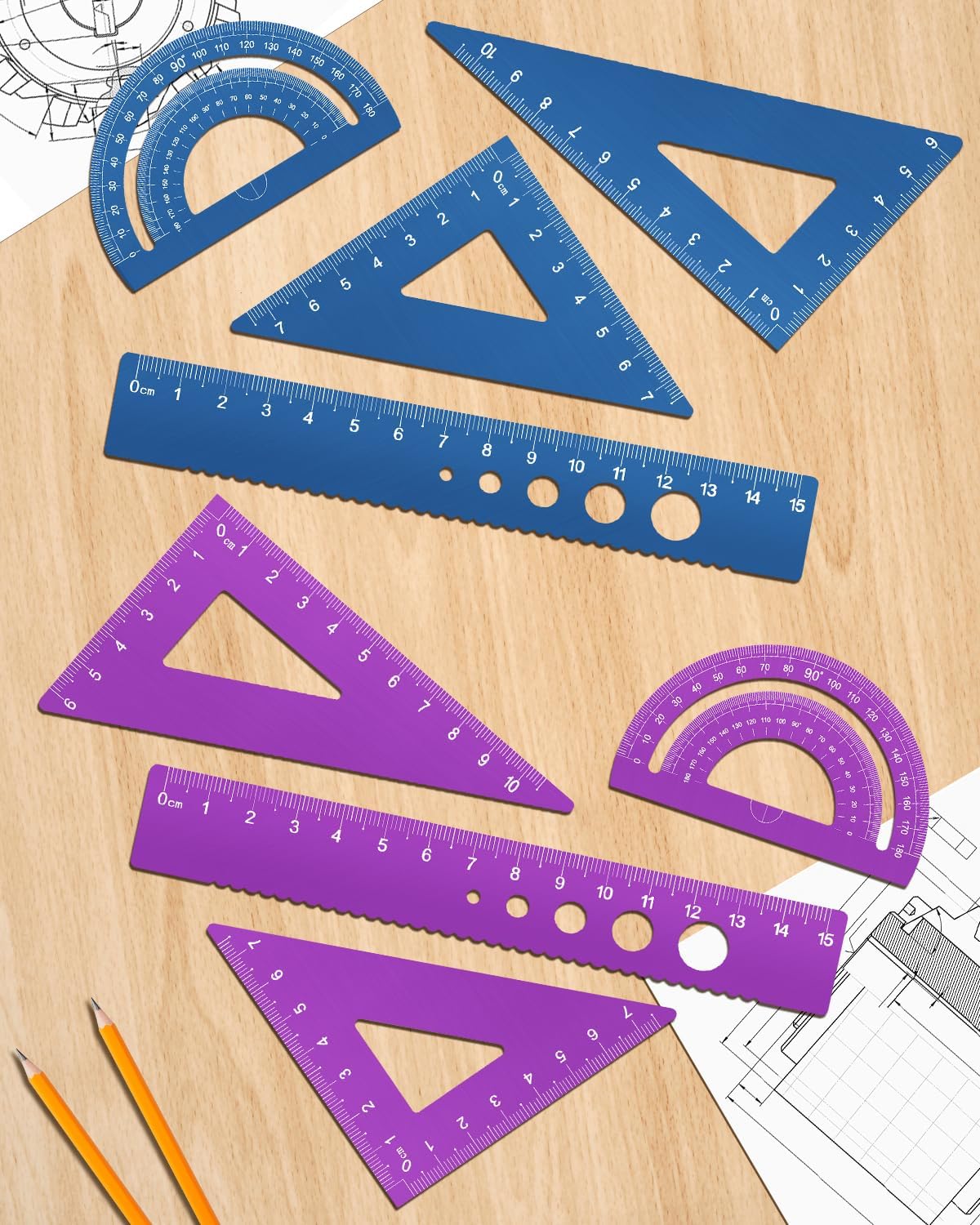 Honagu Triangular Ruler Set, 8 Pieces/2 Sets Aluminum Alloy Ruler, Metal Drafting Ruler, Geometric Protractor for Students, Draftsmen, Engineers, School Office Supplies (Blue+Purple)