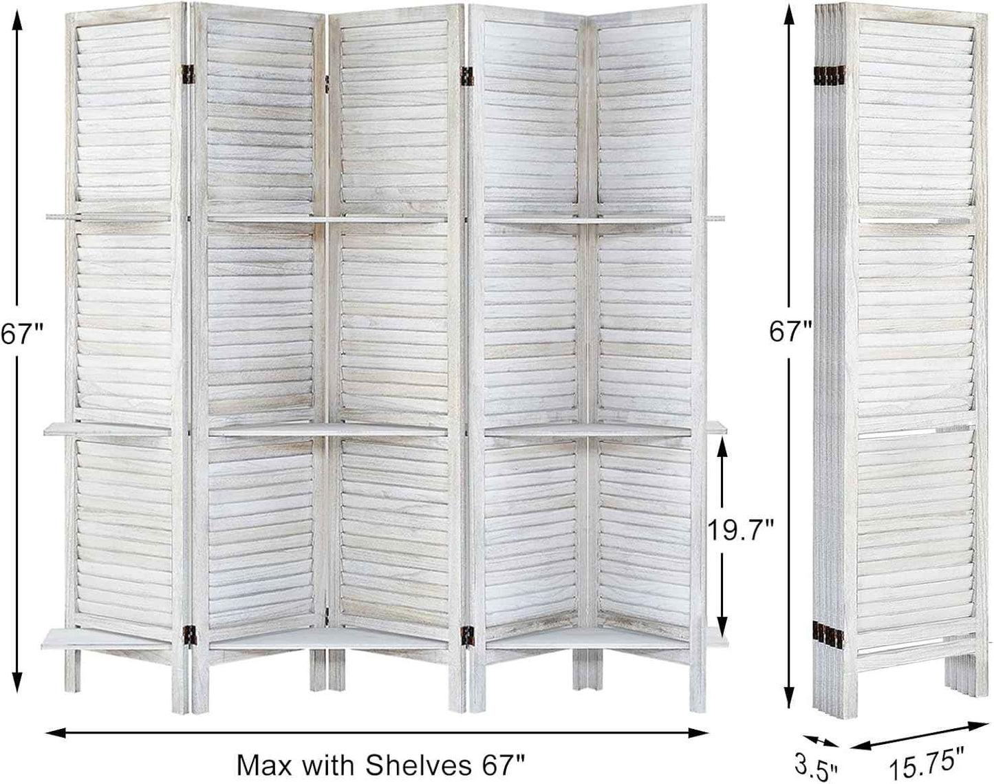 Room Divider with Shelves, Privacy Screen, Room Dividers and Folding Privacy Screens, 5 Panel Wood Temporary Wall Partition Separation Separator, Distressed White