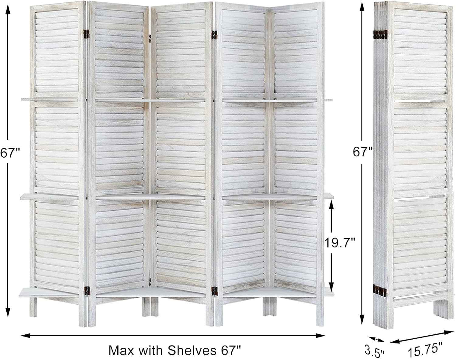 Room Divider with Shelves, Privacy Screen, Room Dividers and Folding Privacy Screens, 5 Panel Wood Temporary Wall Partition Separation Separator, Distressed White