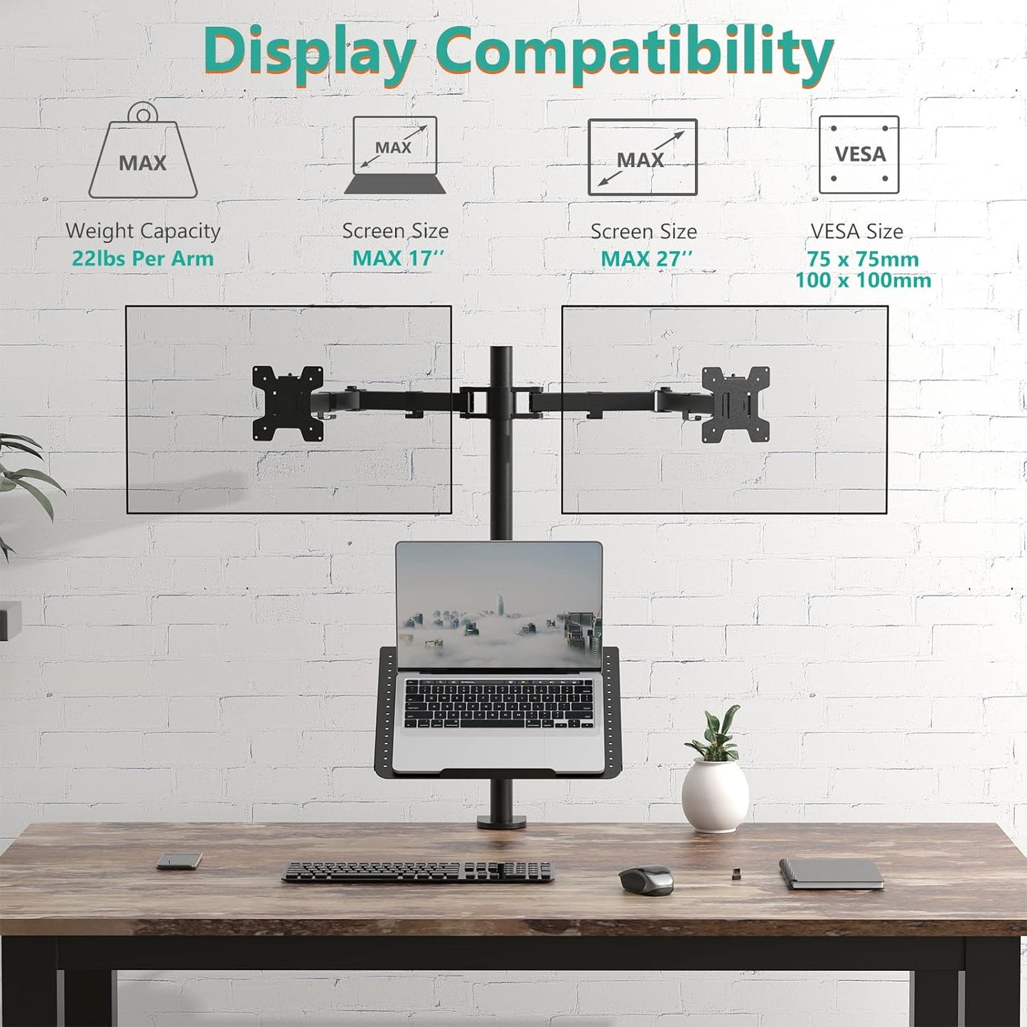 WALI Dual Monitor Stand, Laptop and Monitor Stand for 2 Screen 1 Laptop Notebook, Extra Tall Desk Mount for Monitor up to 27 inch, Notebook up to 17 inch (M002XLLP), Black