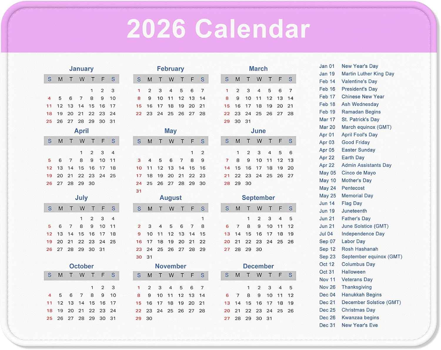 2026 Calendar Mouse Pad, Square New Year 2026 Mousepad 10.2 x 8.3 Inch, Stitched Edge Anti-Slip Waterproof Rubber Computer Mat for Office, Gaming, Laptop, New Year Office Supplies Gift, Purple