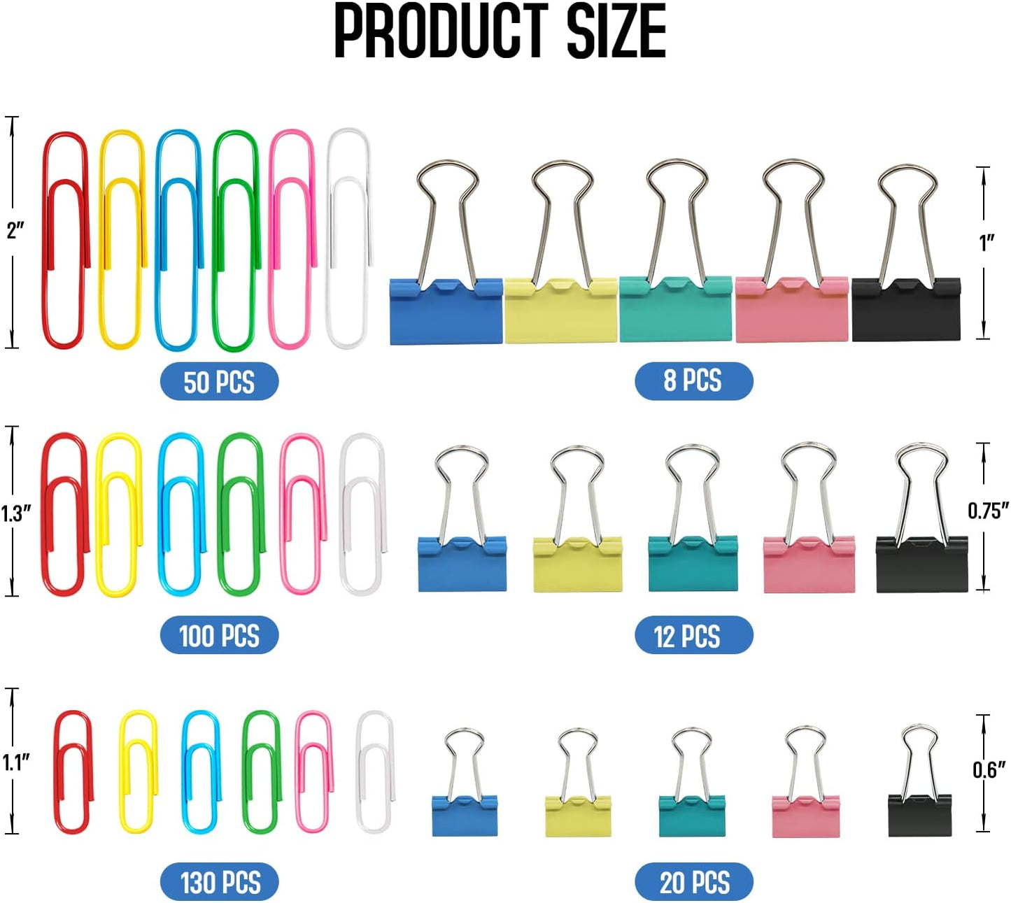 Paper Clips Binder Clips Set, Paperclips Large Medium and Small, 320PCS Colored Paper Clips and Binder Clips Assorted Sizes for Home Office School Document Organizing