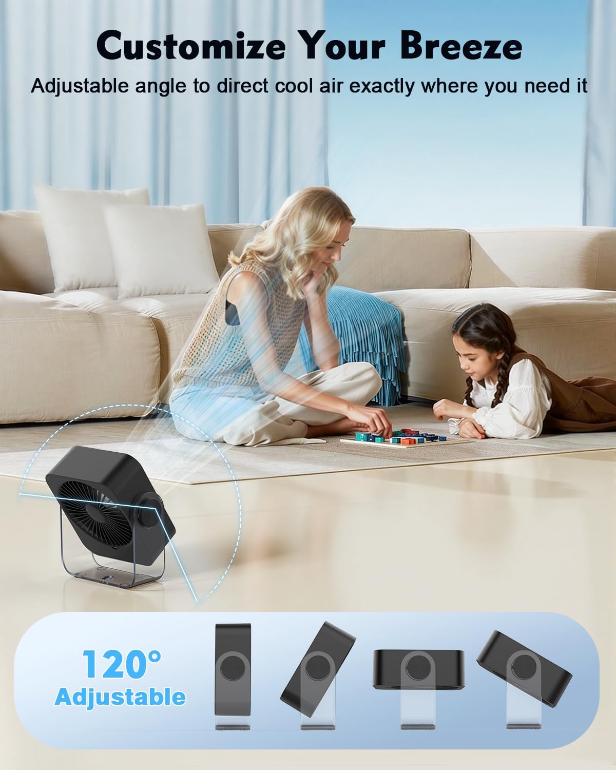 Small Desk Fan Quiet: Rechargeable 5000mAh Battery Powered, 199 Speeds Strong Wind, 120° Tilt Adjustable, 6.6" Portable Desktop Fan for Bedside Sleeping Camping Home Office Travel, Black