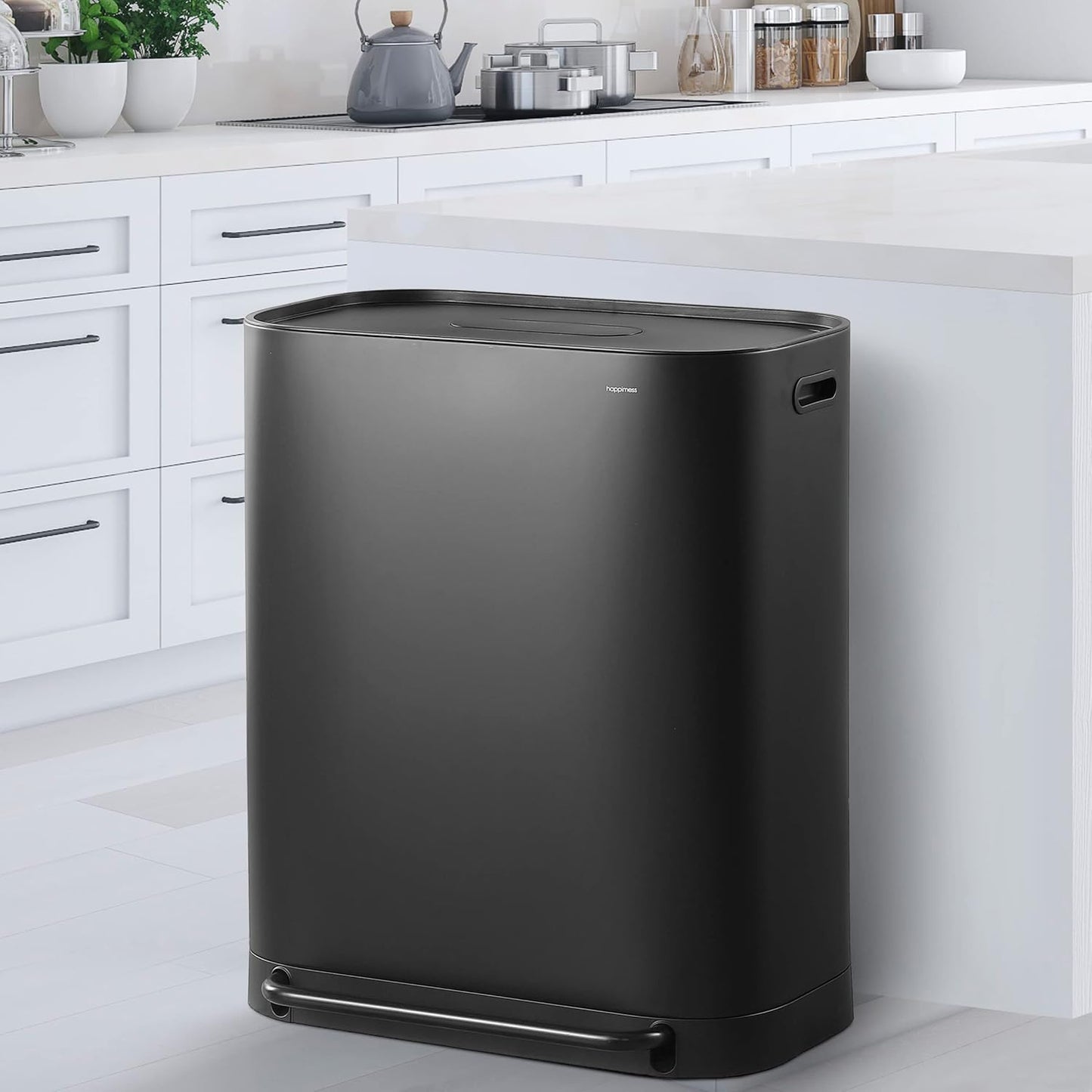 happimess HPM1014B Beni Kitchen 16-Gallon Double-Bucket Step-Open Trash Can with Soft-Close Lid, Modern, Minimalistic, Fingerprint Proof for Home, Kitchen, Laundry Room, Office, Bathroom, Black