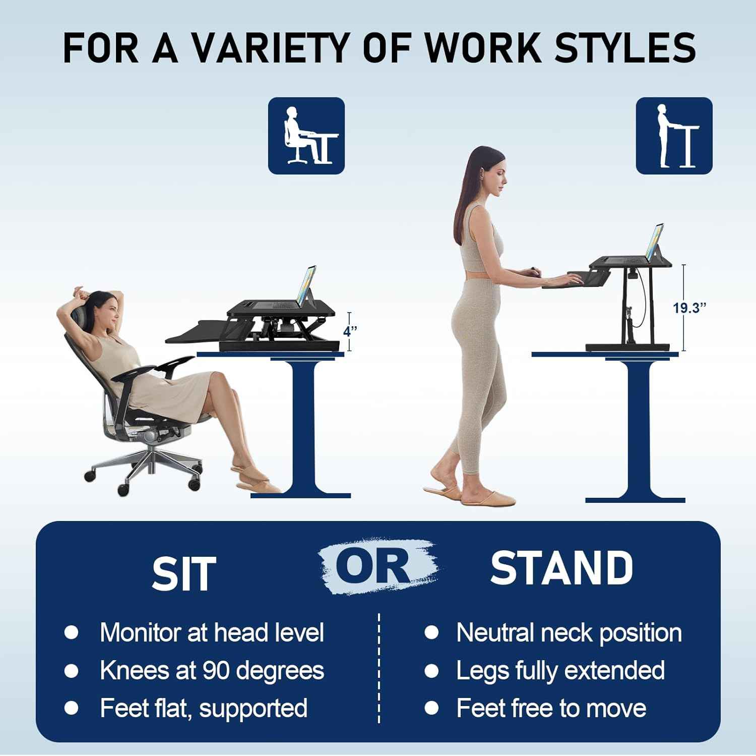 32" Stable Standing Desk Converter, Height Adjustable Sit to Stand Up Desk Riser with Keyboard Tray for Home or Office, Wide 2-Tier Desktop, Dual Monitor and Computer Workstation, Black