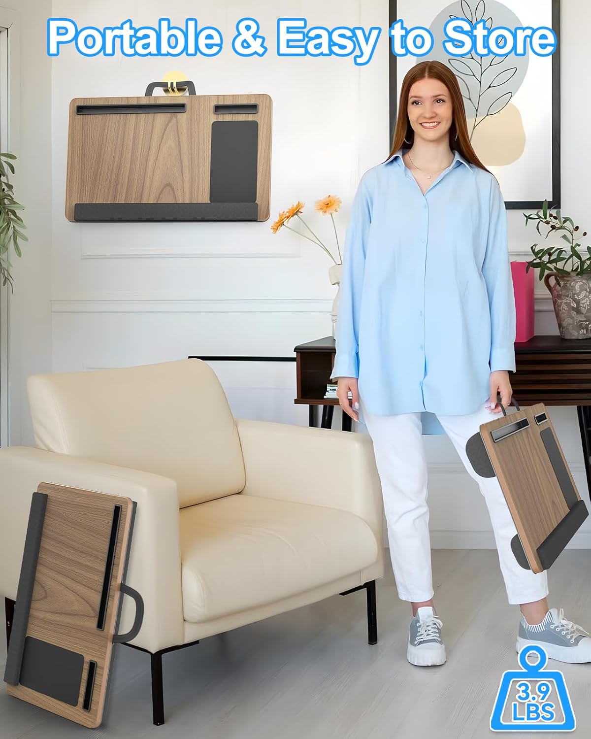 Laptop Lap Desk, Portable Large Laptop Desk for Bed, Up to 17 in Lap Table with Wrist Rest, Mouse Pad, Tablet Phone Slot, Portable Handle, Cushion (Dark Brown Woodgrain)