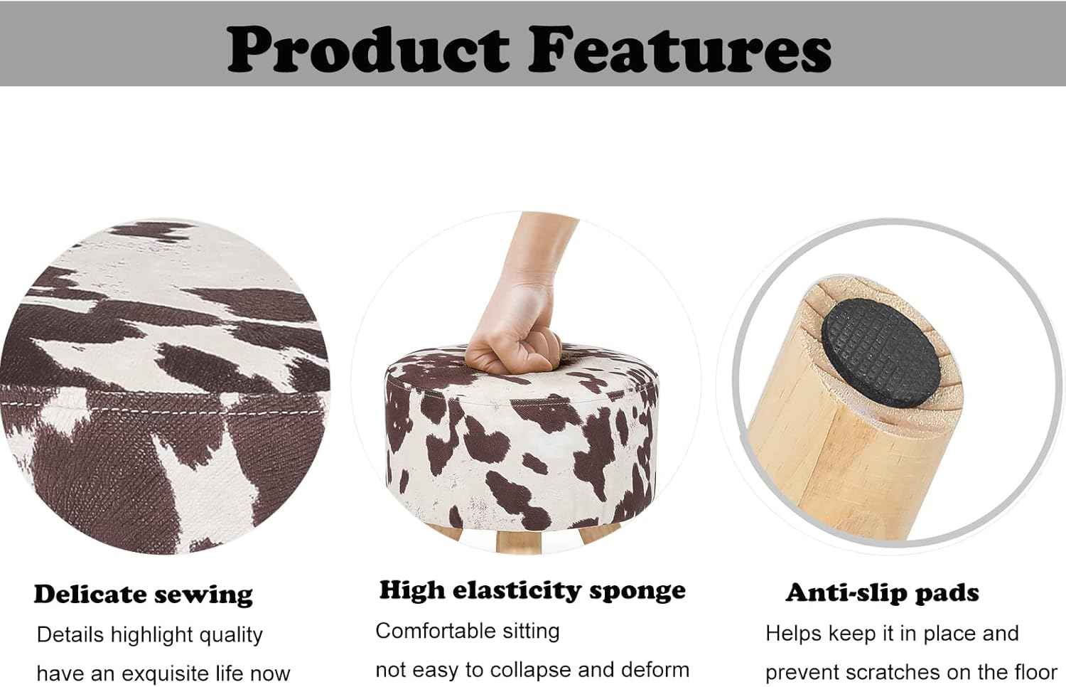 Homebeez Round Ottoman Stool Velvet Foot Rest, Small Footstool with Non-Skid Legs (Brown Cow)