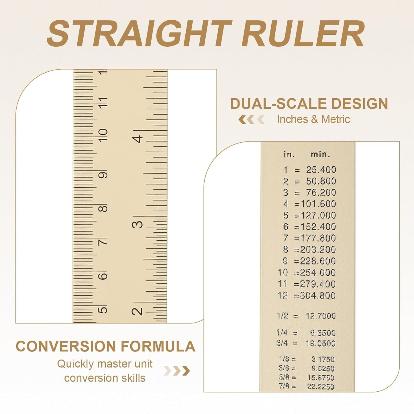 HARFINGTON 6pcs Metal Straight Ruler 30cm Metric SAE Aluminum Alloy Measuring Rulers Scale Tool with Hole for Measure Study Reading Classroom Office, Beige