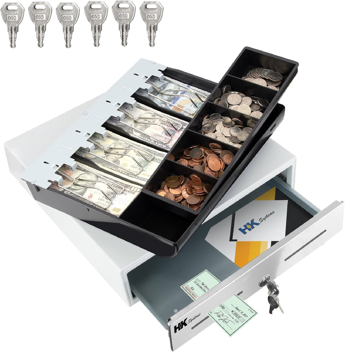 HK SYSTEMS 13inch "Stainless Steel" Front WHITE Heavy Duty POS Interface Cash Drawer with 4Bill/5Coin