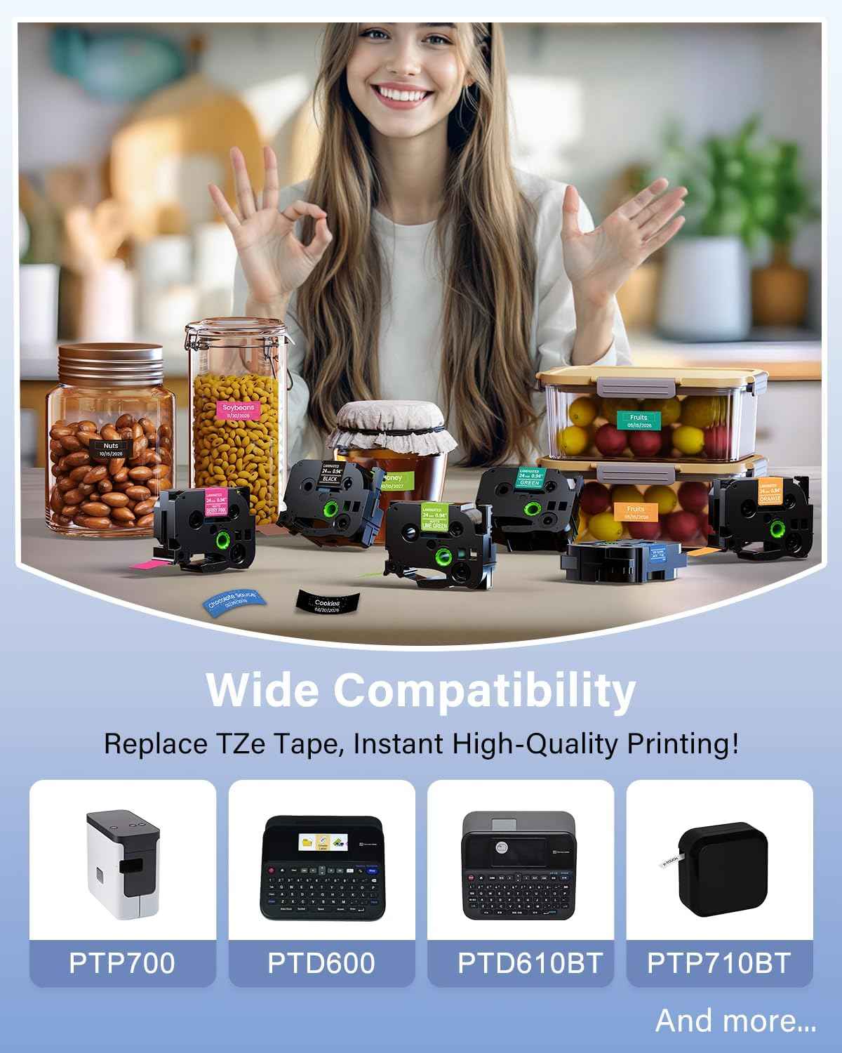 24mm TZ Tape Replacement for TZe Tape 24 mm 0.94 P-Touch TZe Ribbon Laminated TZ Colored Refills Compatible with Brother Label Maker Tape PT-D600 D610BT P700 P710BT Cube Plus, 1" x 26.2', 6 Pack