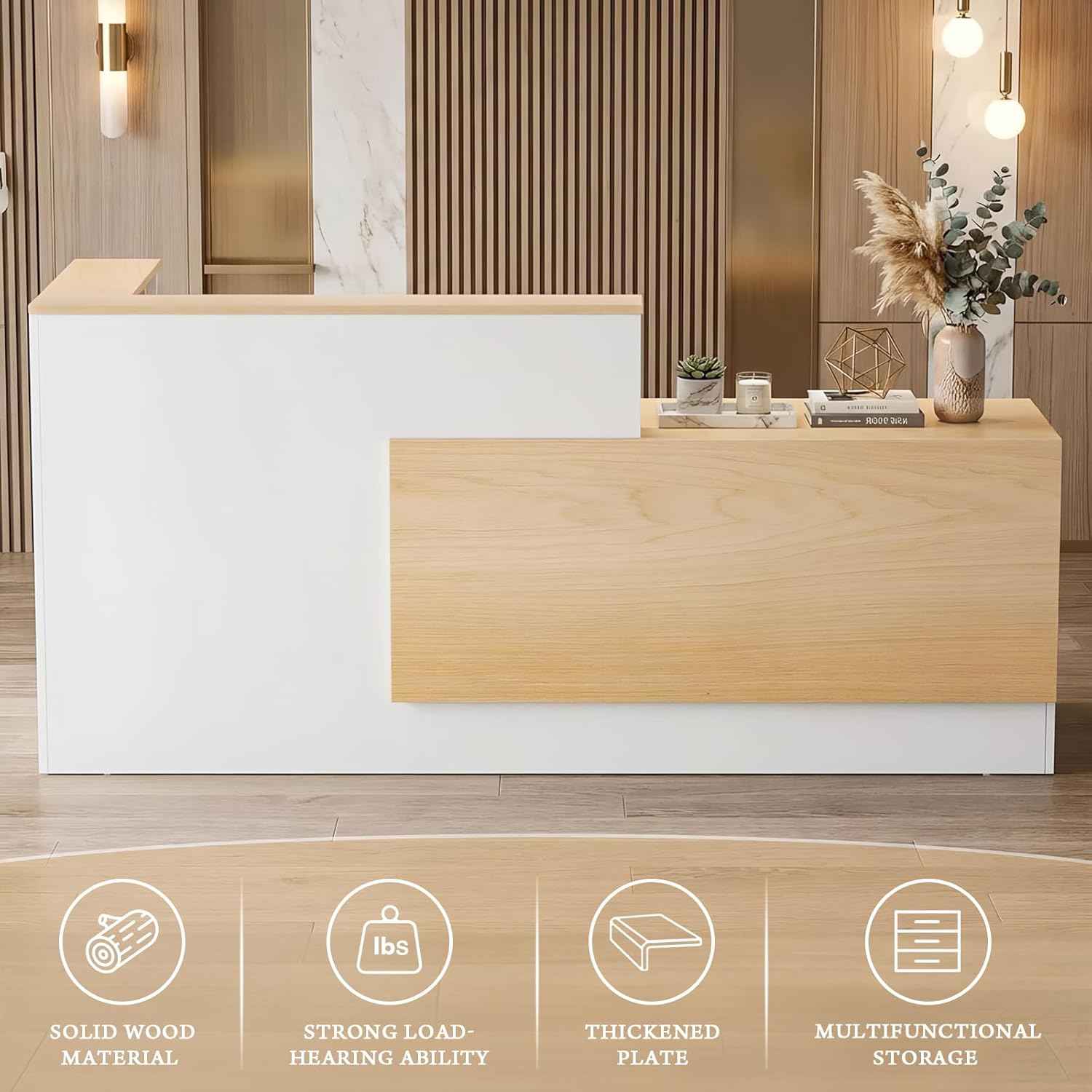L-Shaped Large Wooden Reception Desk, Modern Front Desk Reception Counter with Lockable Drawers & Storage & Keyboard Tray, for Checkout, Lobby (Left-Natural wood/White, 71''L x 42''W x 41''H)