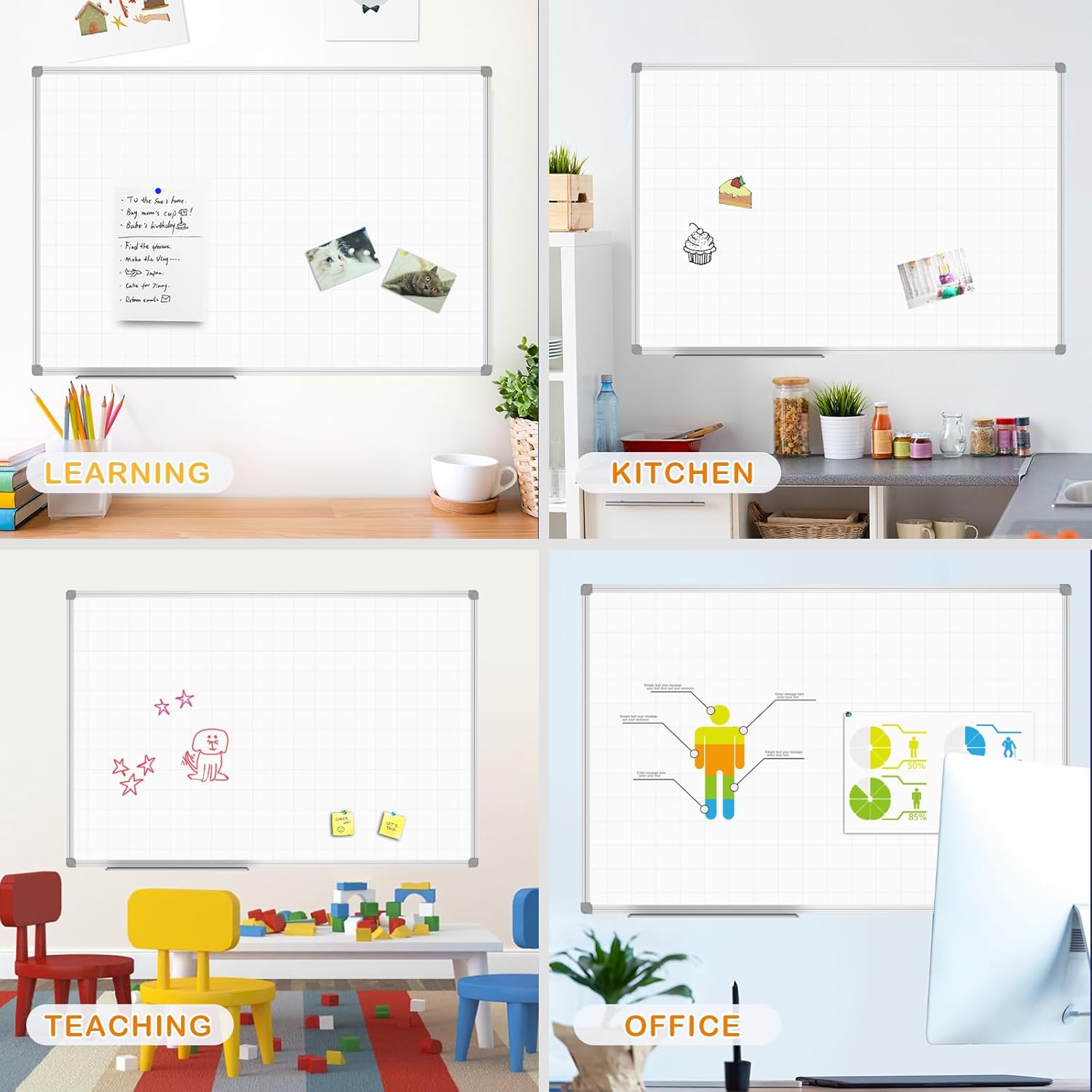 JILoffice Magnetic Dry Erase Planning Board, Grid Pattern White Board 48 x 36 Inch, Silver Aluminum Frame with Detachable Marker Tray for Office School and Home - Lumora Desk