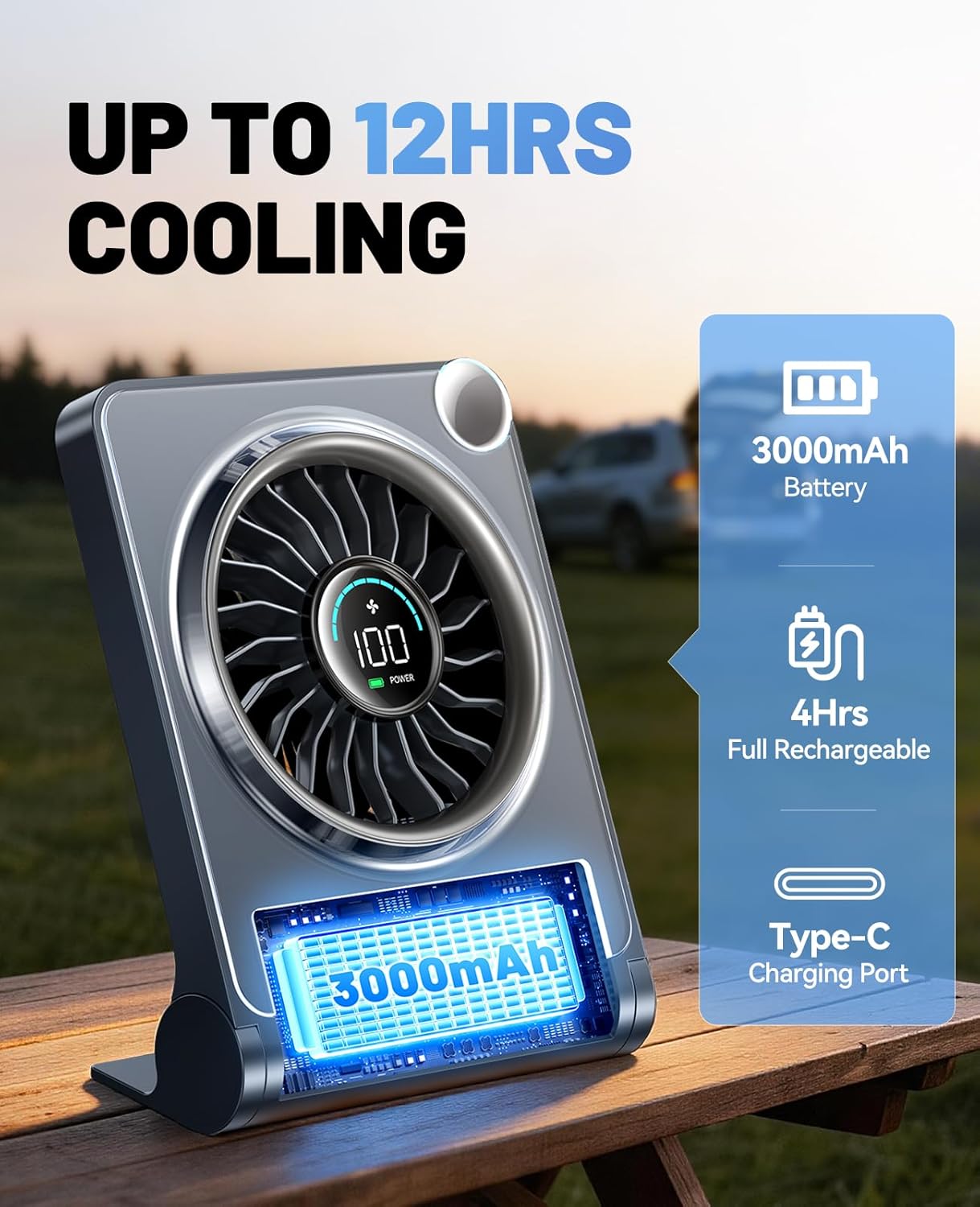 Small Desk Fan, Quiet Portable Table Fan with 100 Speeds, 12 Hrs Cooling, Strong Airflow, Digital Display, 180° Adjustable, Rechargeable Desktop Fan for Bedroom Office Cruise Travel, Black