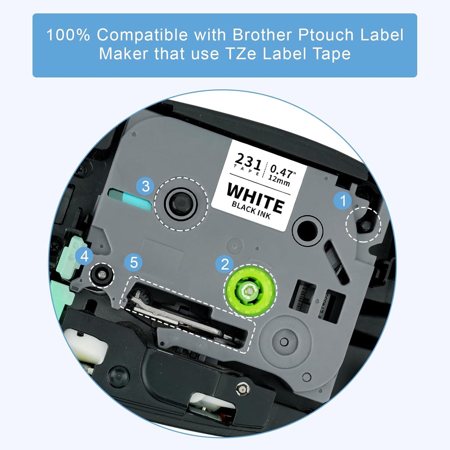 Tze 12mm 0.47" Laminated White Tz Tape Tz-231 Compatible for Brother Tze-231 Ptouch 1/2 Label Tape Tz231 for P Touch PTH100 PTD220 PTH111 PTD210 PT1290 PTD400 PTD600 PTD410 Label Maker, 4 Pack