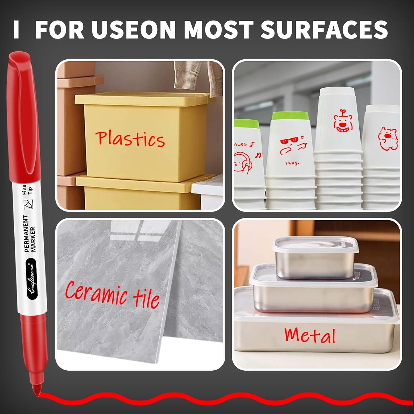 Red Permanent Marker Bulk, Fine Point Markers work on Plastic Metal Wood etc., Waterproof, Quick Drying, Fade Resistant, No smear, Perfect for Classroom, Home, Office, 30 Count
