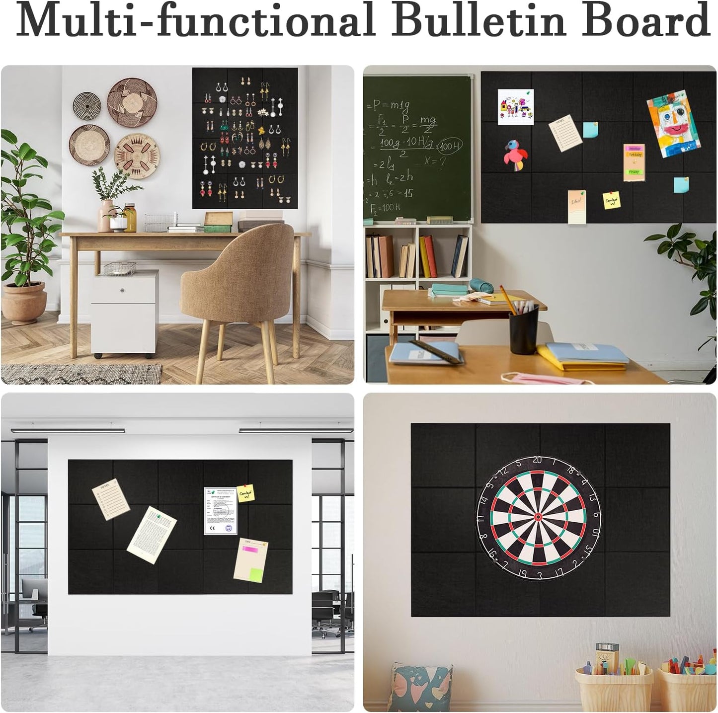 Large Cork Board Alternative, 12 Pack Felt Board with Safe Removable Adhesive Tabs Felt Wall Tiles, Large Cork Boards for Walls, Cork Board for Home Office, Pin Boards for Walls, Black