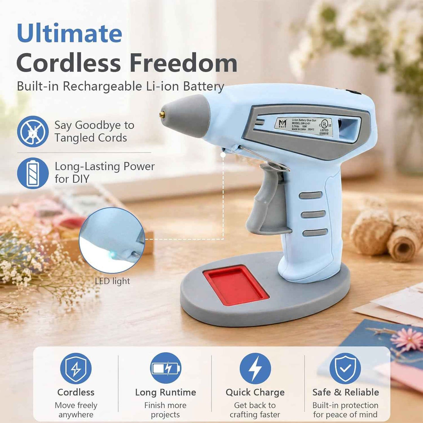 Cordless Hot Glue Gun Kit, 15-Second Fast Heating 10W, 30pcs Glue Sticks & Canvas Bag, Auto Shut-Off, Safety Nozzle, USB Rechargeable for DIY Crafts Fabric Wood Home Repairs(Blue)