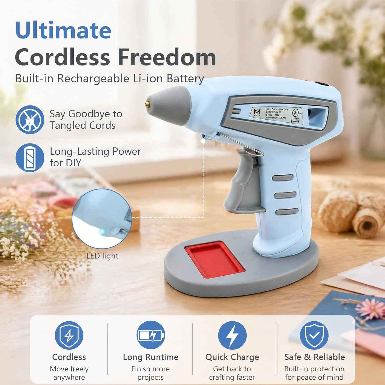 Cordless Hot Glue Gun Kit, 15-Second Fast Heating 10W, 30pcs Glue Sticks & Canvas Bag, Auto Shut-Off, Safety Nozzle, USB Rechargeable for DIY Crafts Fabric Wood Home Repairs(Blue)