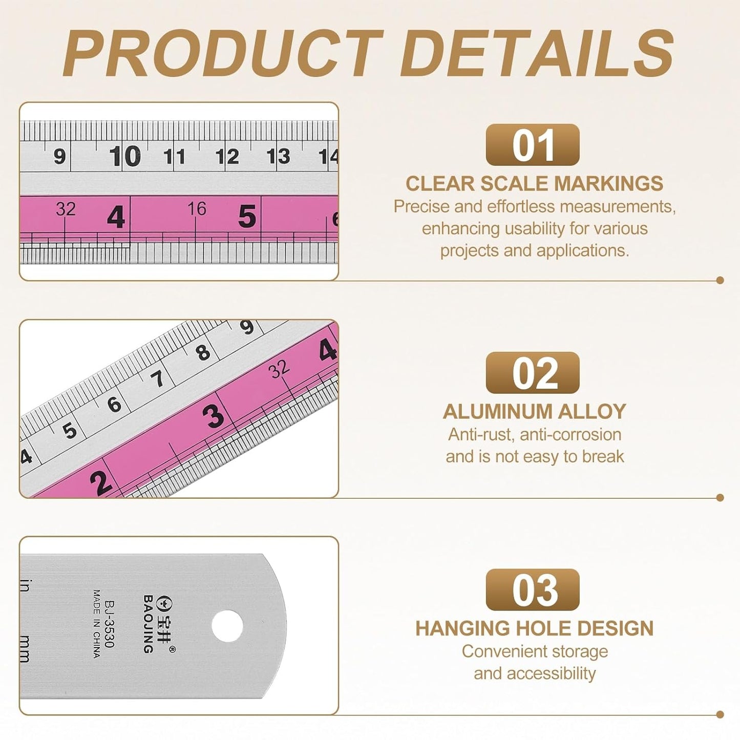 HARFINGTON 4pcs Metal Straight Ruler 20cm Metric SAE Aluminum Alloy Measuring Rulers Scale Tools with Hole for Measure Study Reading Classroom Office, Pink