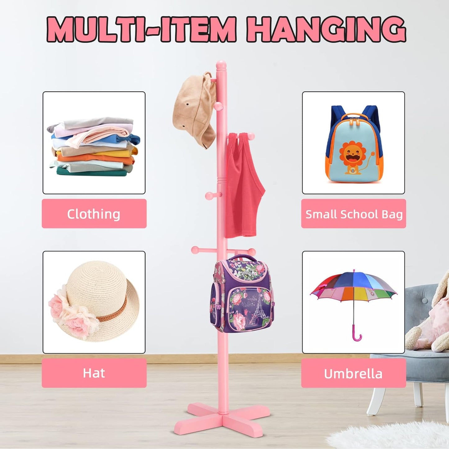Kids Coat Rack, Freestanding Coat Racks with 8 Hooks 2 Adjustable Height, Tree Coat Rack for Bedroom, Hallway, Entrance, Office, Hats, Handbags,Purse (Pink) - Lumora Desk