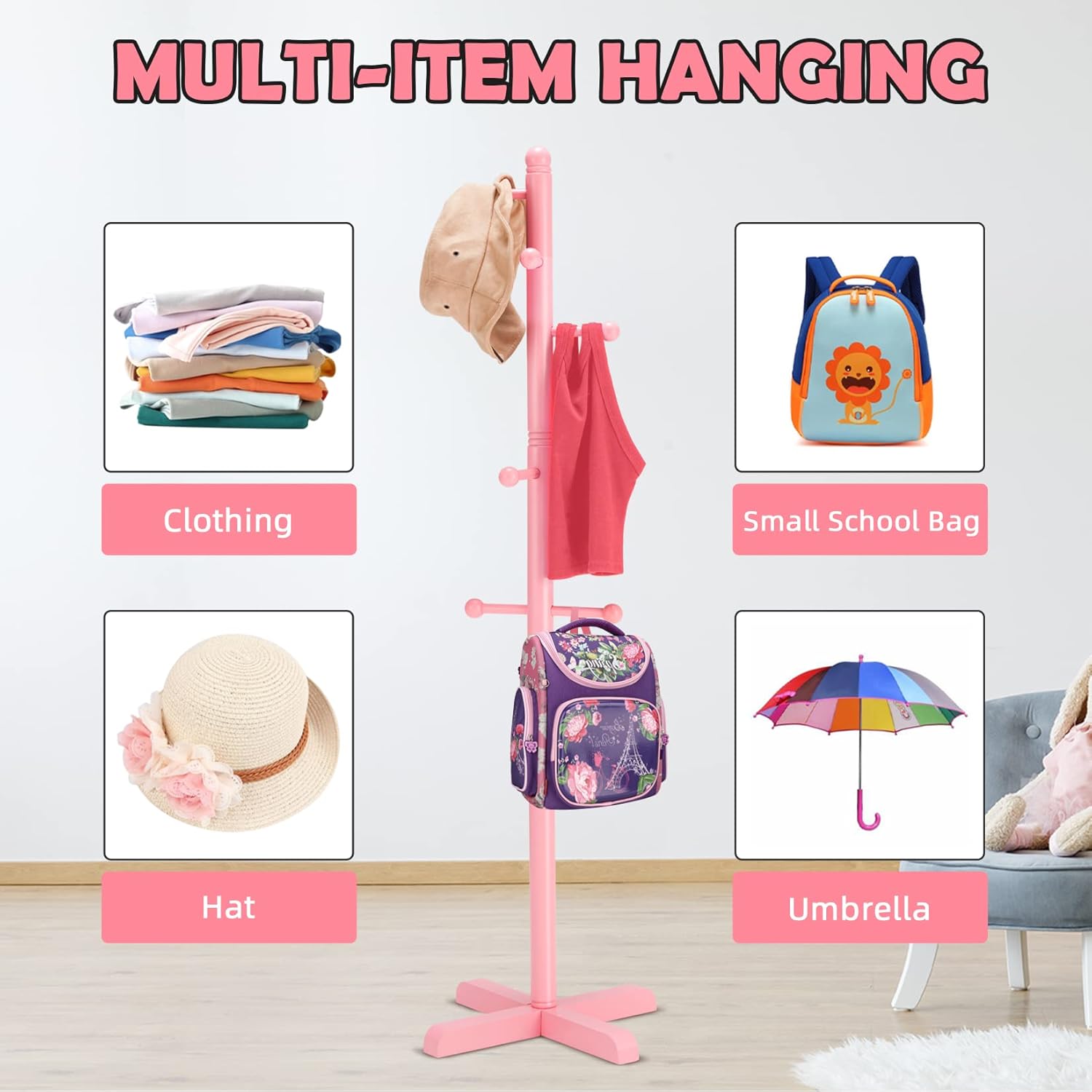 Kids Coat Rack, Freestanding Coat Racks with 8 Hooks 2 Adjustable Height, Tree Coat Rack for Bedroom, Hallway, Entrance, Office, Hats, Handbags,Purse (Pink) - Lumora Desk