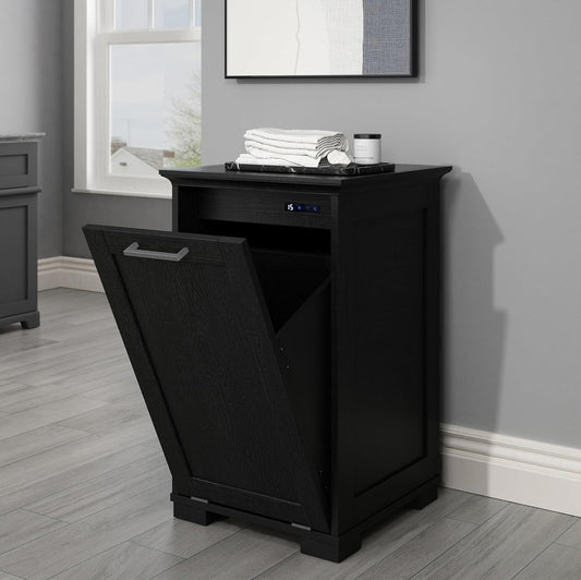 OLD CAPTAIN Wooden Tilt Out Trash Cabinet, Wooden Kitchen Garbage Can Free Standing Holder, Black Finish…