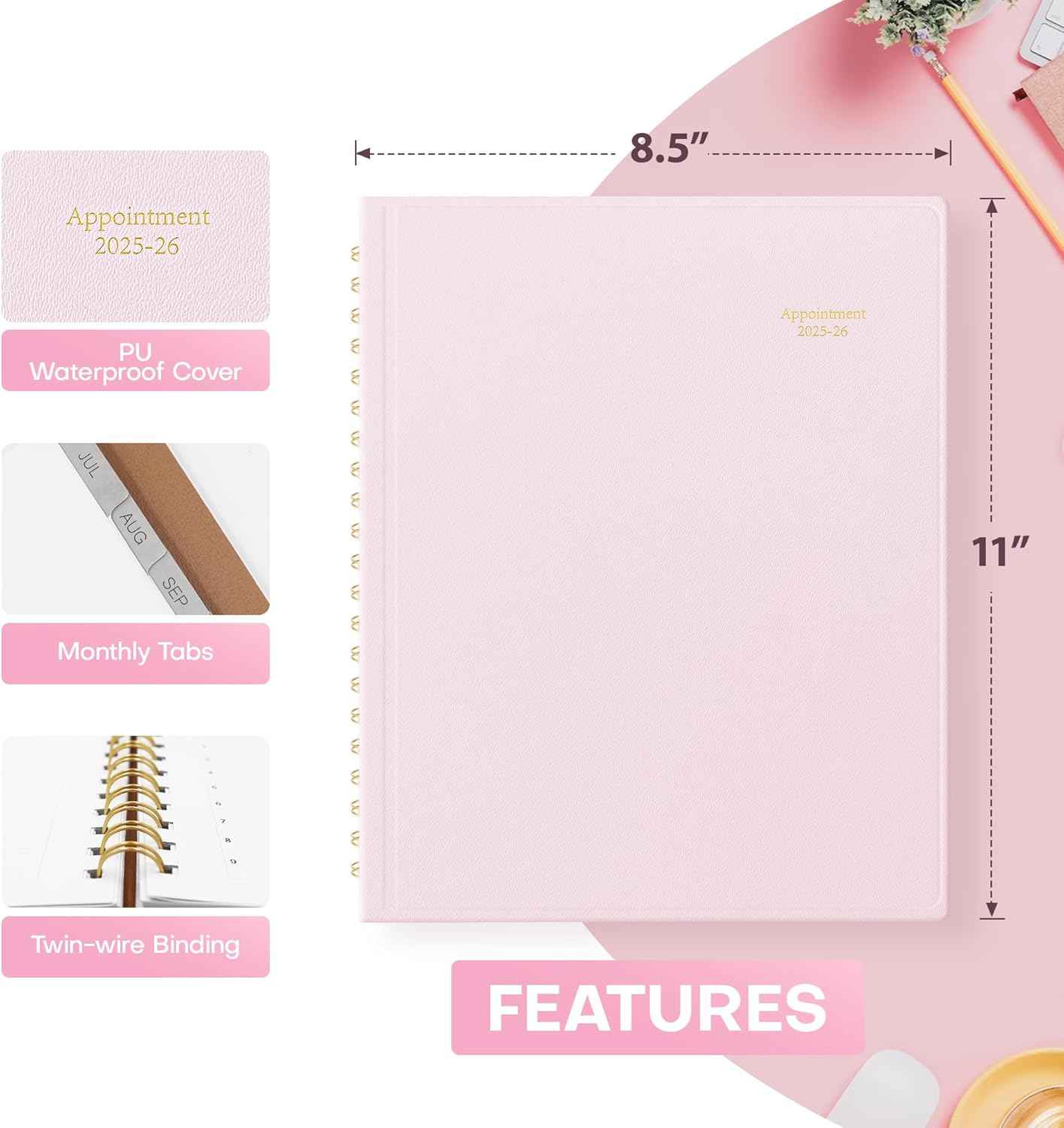 Appointment Book 2025-2026 – July 2025 to June 2026, 8.5"x11" Academic Planner, Half-Hourly Scheduling, Weekly & Monthly Layout, Flexible Cover, Notes Pages, Bookmark, Spiral Binding, Pink