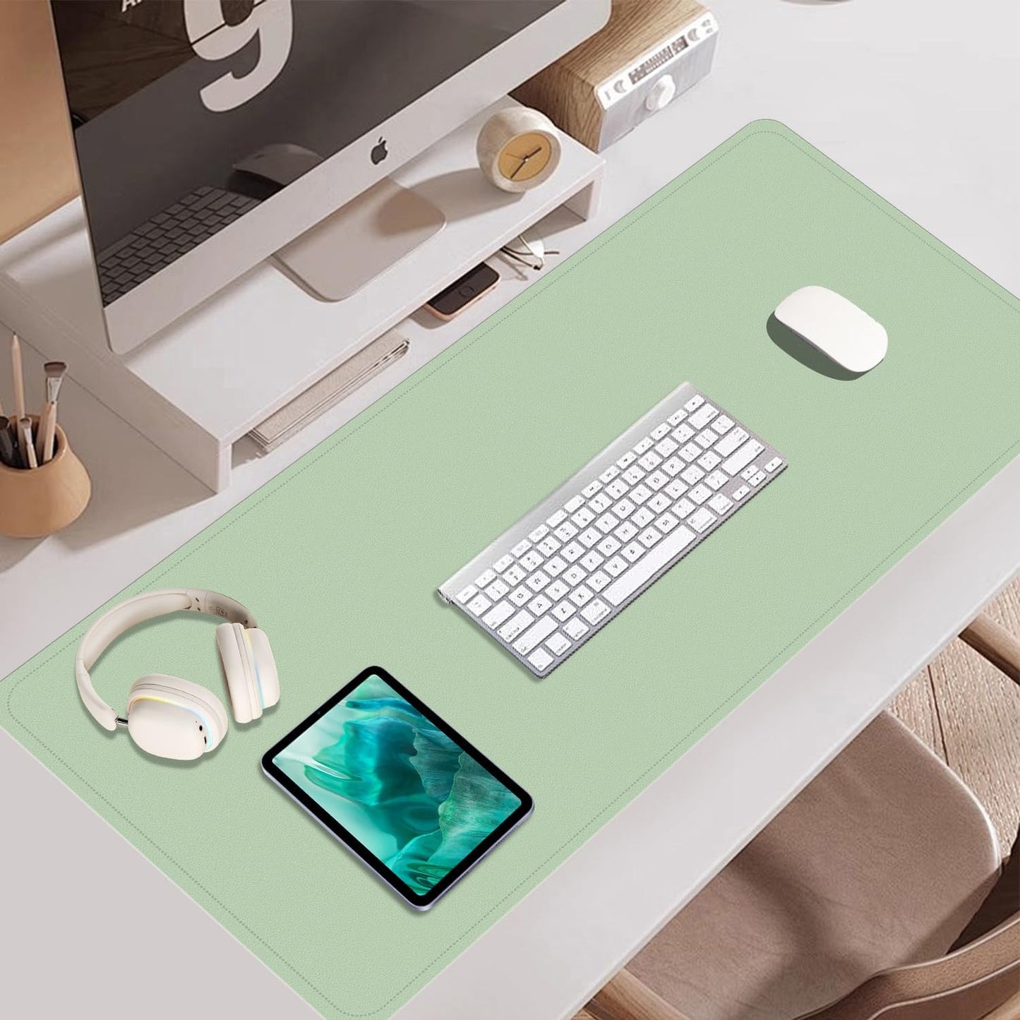 Large Desk Pad 35.4" x 17", Non-Slip Desk Mat with PU Leather & Natural Cork, Waterproof Writing Desk Natural Cork, Computer Mat Desk Protector for Office Home, Light Green