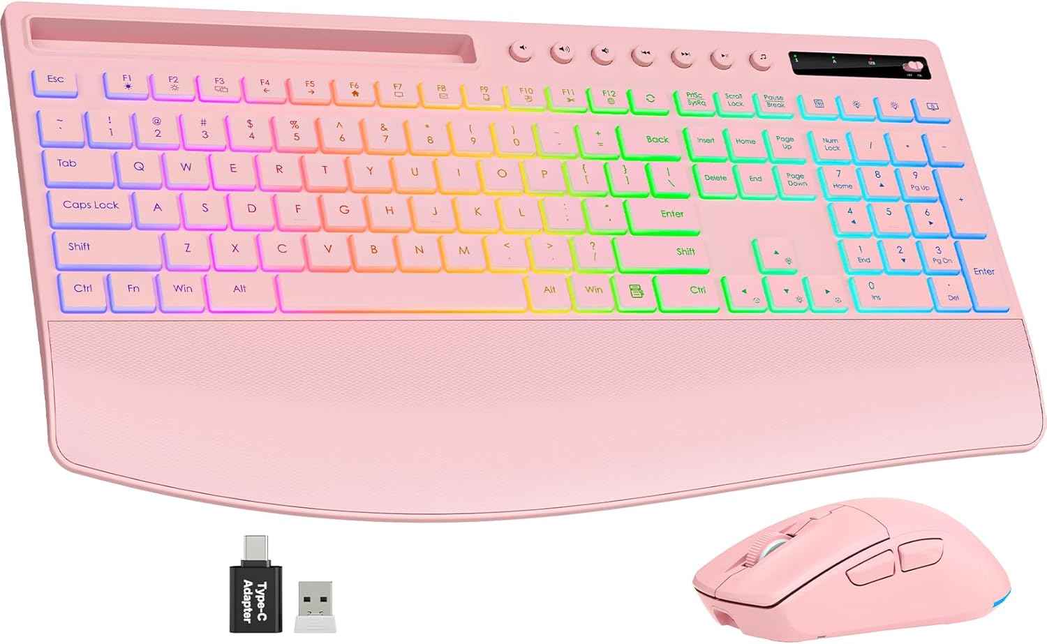 Trueque Wireless Keyboard and Mouse Combo, 4000mAh Rechargeable Backlit Keyboard with Wrist Rest & Phone Holder, Full Size Quiet Typing 2.4G USB-A/Type-C for PC Laptop Windows Mac (Pink)
