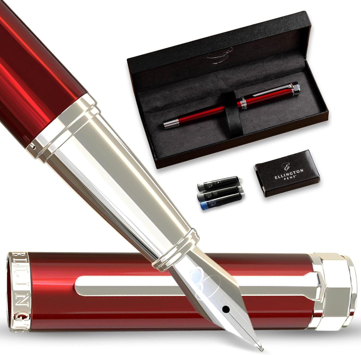 Luxury Fountain Pen Set- Fountain Pens for Writing - Smooth Extra Fine Nib - Includes Refillable Ink Converter, 3 Ink Cartridges [Black & Blue], Gift Box - Elegant Calligraphy