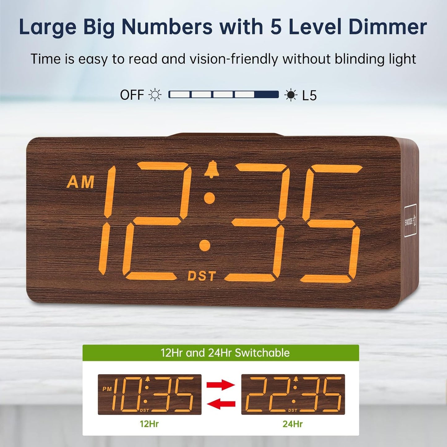 DreamSky Wooden Digital Alarm Clock with Wireless Charging for Bedroom, Bedside Nightstand Clock with Charger Station, USB Port, Large Numbers, Adjustable Volume, Brightness Dimmer, DST