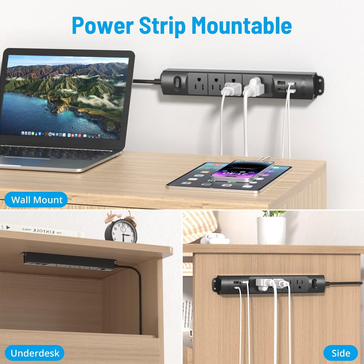 TROND Surge Protector Power Strip with USB, Ultra Thin Flat Plug 15ft Long Extension Cord 1625W, 3 USB A & 1 Type C, 4 AC Outlets 1440J Surge Protection Wall Mount for Home Office Dorm Room, Black