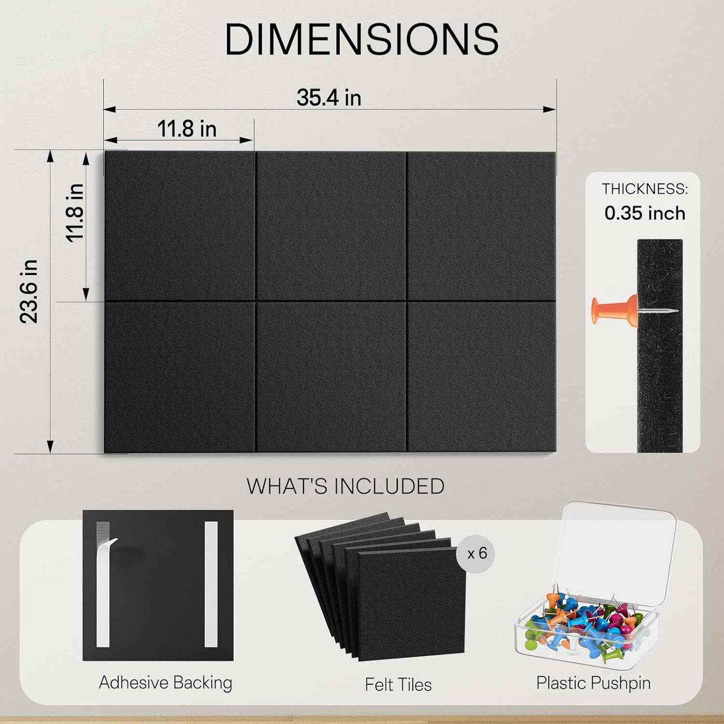 MaxGear Large Felt Bulletin Board 36" x 24", Cork Board Alternative, 6 Pack Black Felt Wall Tiles with Push Pins, Cork Boards for Walls Pin Board for Office & HomePanels
