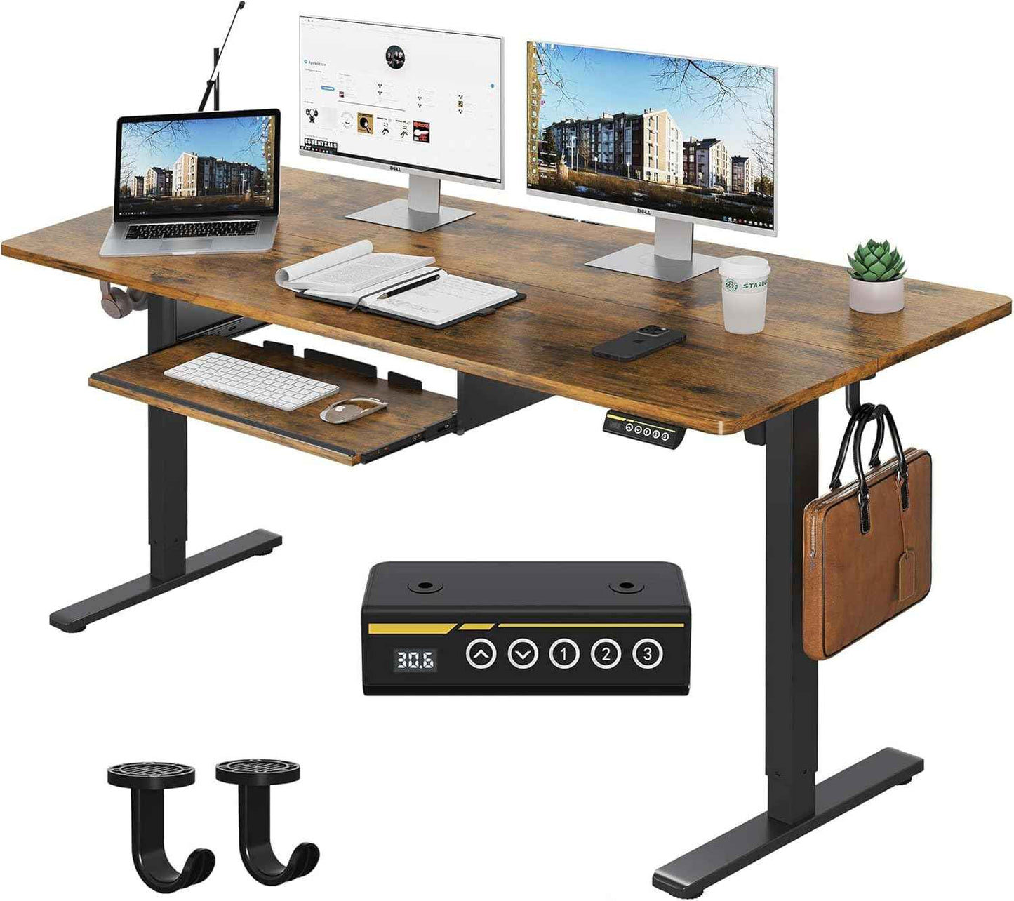Electric Standing Desk with Keyboard Tray,48x24 inches Adjustable Height Stand Up Desk,3 Preset Heights,Equipped with Hooks,Raising Desks for Home Office and Computer Workstation,Black
