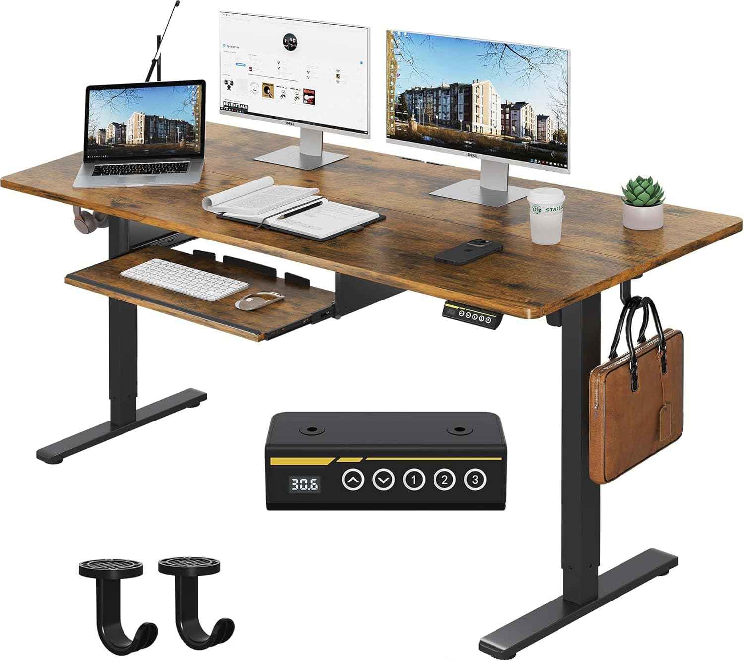 Electric Standing Desk with Keyboard Tray,48x24 inches Adjustable Height Stand Up Desk,3 Preset Heights,Equipped with Hooks,Raising Desks for Home Office and Computer Workstation,Black