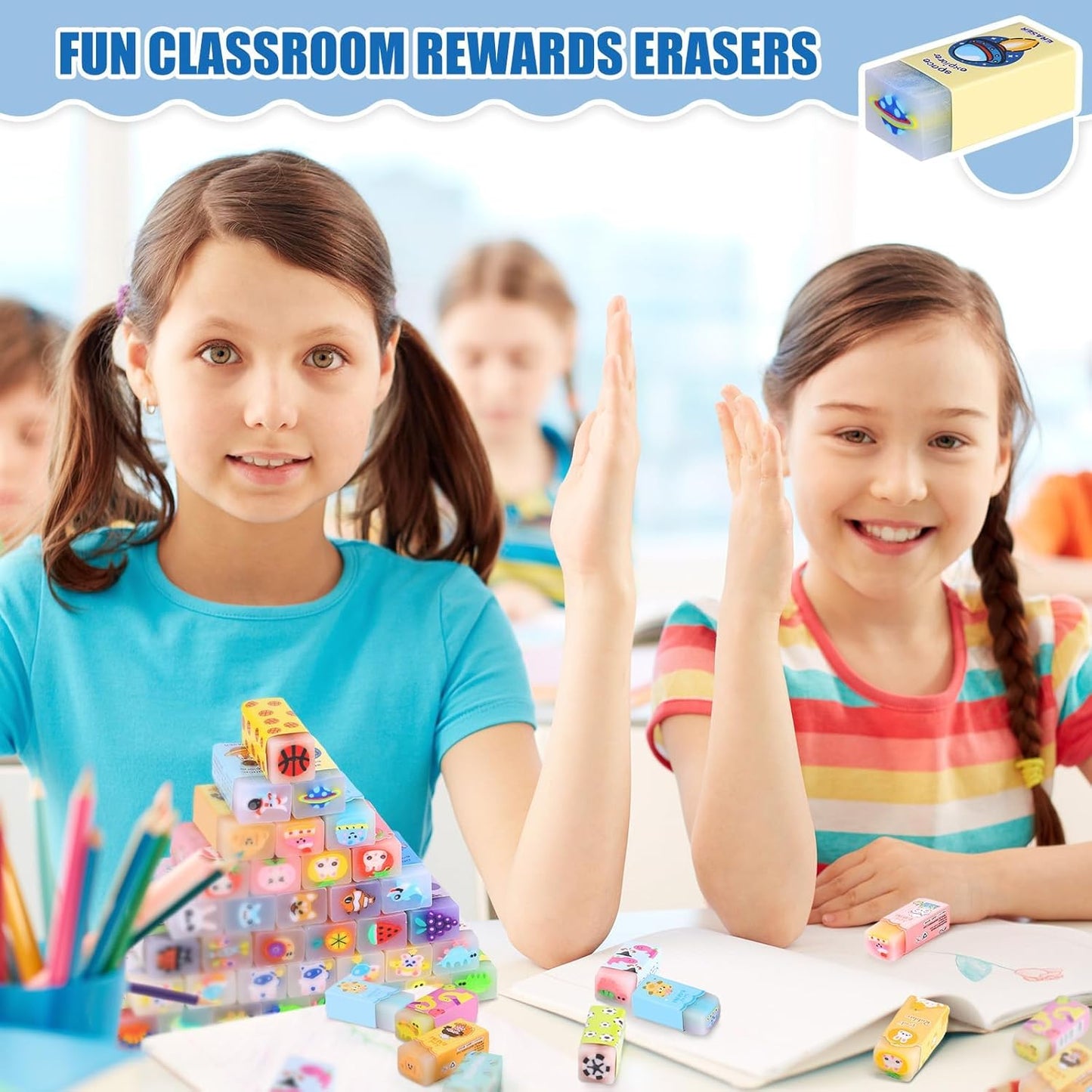 50 Pcs Cute Erasers for Kids Jelly Animal Fruit Dinosaur Space Pet Fun Pencil Erasers for Students Back to School Supplies Prize Gifts Party Favors