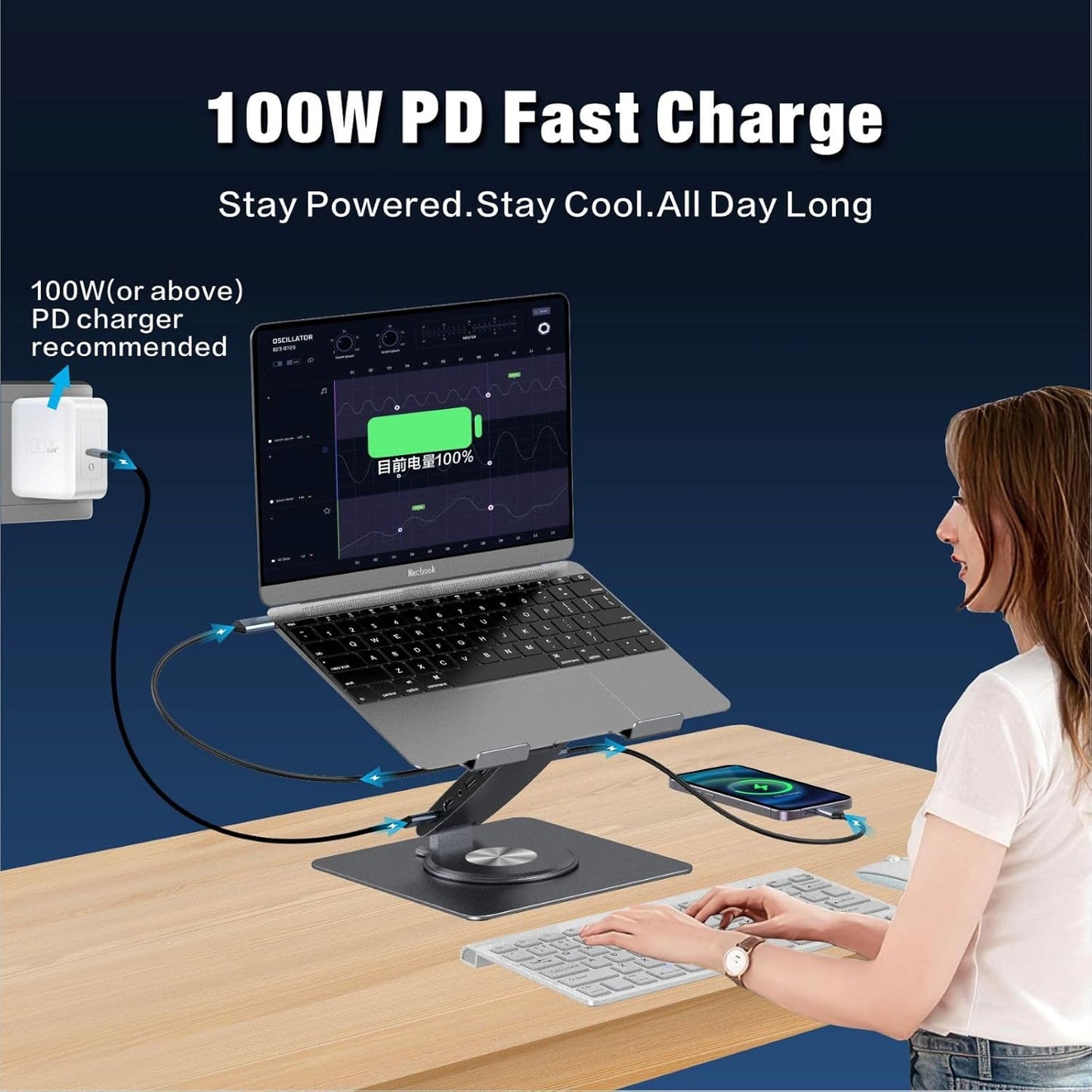 USB-C Hub Laptop Stand with Fan, Aluminum Laptop Riser with Docking Station 9-IN-1, 4K@60Hz HDMI, 100W PD Charging, USB 3.0, 3.5mm Audio, 360° Swivel, for MacBook Pro/Air, iPad Pro & Type-C Laptops