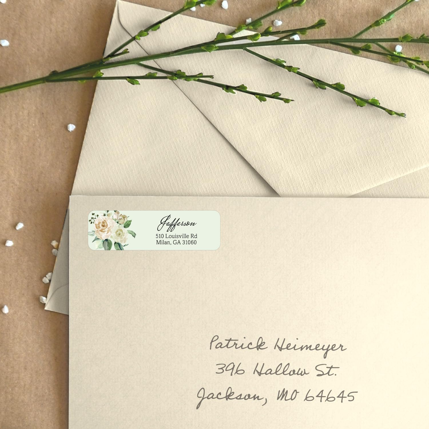 Green Watercolor Floral Rolled Address Labels / 250 Personalized Return Address Labels/Designer Address Stickers in Elegant Plastic Dispenser - Lumora Desk