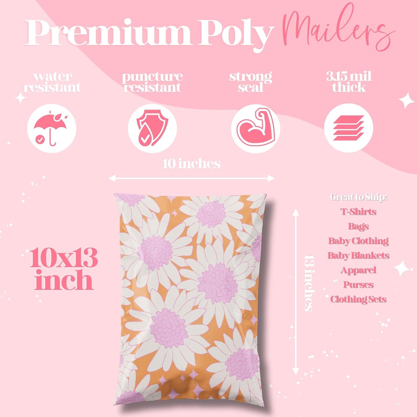 10x13 Designer Poly Mailer 100 Pack Heavy Duty Waterproof Self Seal Shipping Bags for Small Business Large Mailing Envelopes Bulk Tear Resistant Cute Packaging Pink Blooms Flowers