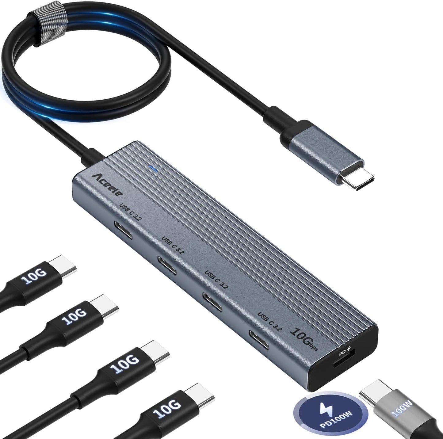 Aceele USB C Hub 10Gbps, USB 3.2 Gen 2 Hub with 4 USB-C 3.2 Ports, 100W Power Delivery, 2FT Cable High Speed USBC Multiport Splitter for MacBook Pro/Air, iMac, iPad Pro(Not Support Extend Monitor)