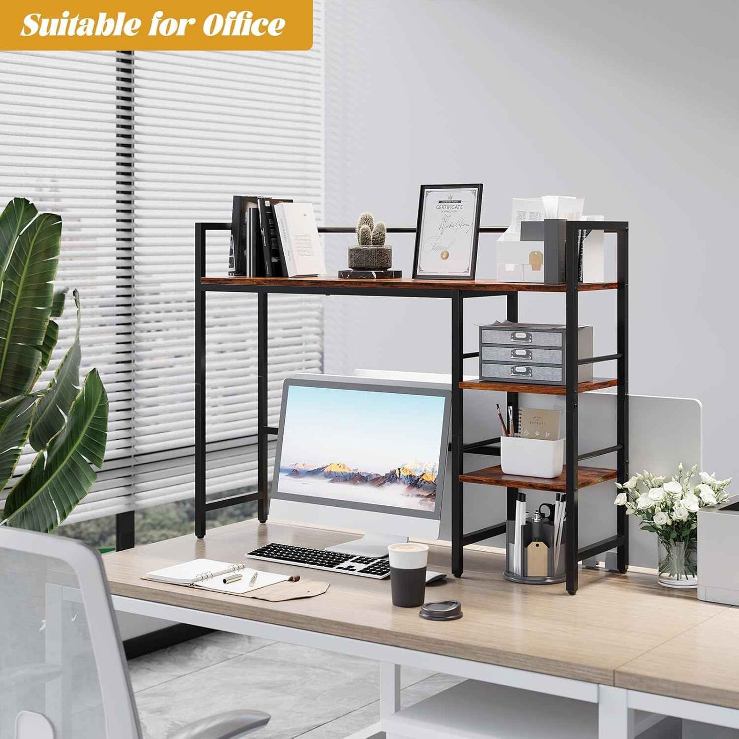 HavenlyYouth Desk Shelf, 38.6 Inch Wood Desk Organizer Shelf for Computer Monitor, Desk Hutch Storage, Desktop Shelf for Top of Desk, 3 Tier Desktop Bookshelf for Home Office Dorm, Rustic