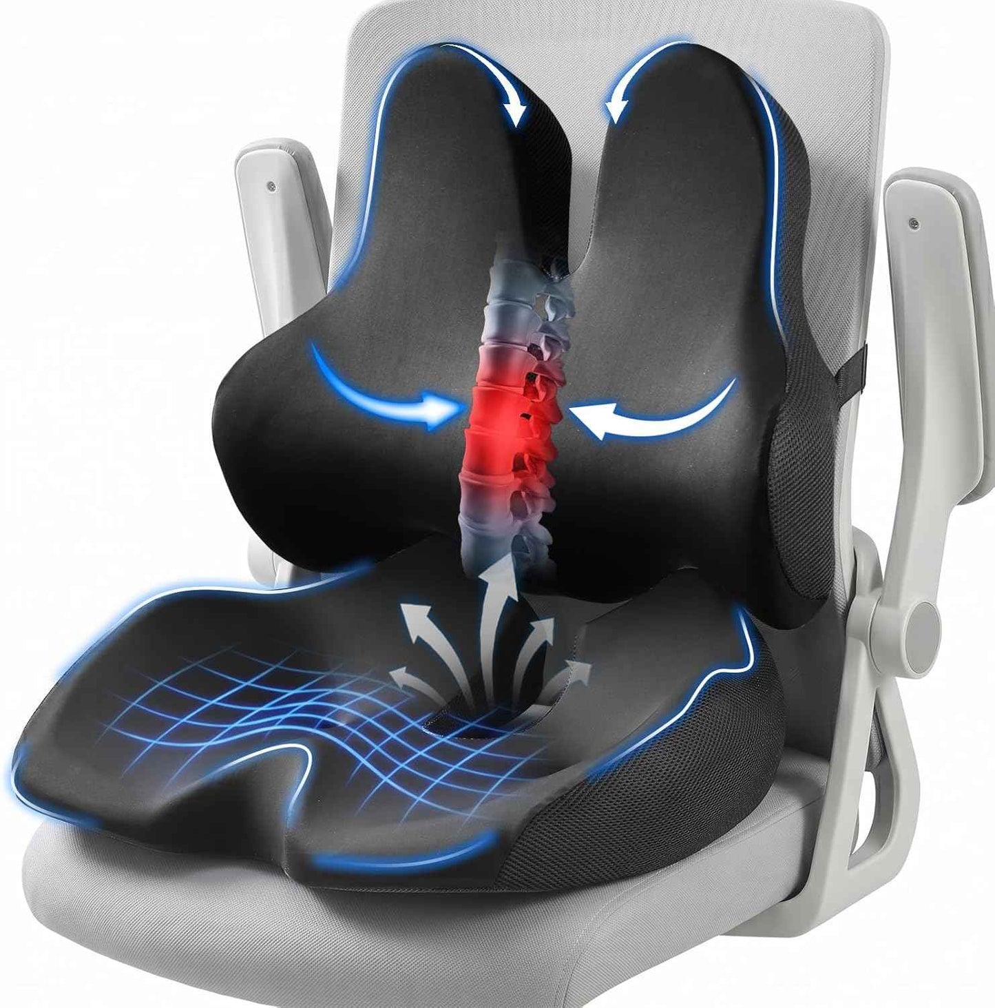 Seat Cushion Lumbar Support Pillow Set, X Large Memory Foam Coccyx Pad for Tailbone & Sciatica Pain Relief, Office Chair Cushions Back Support for Car, Desk, Wheelchair with Adjustable Fixed Strap