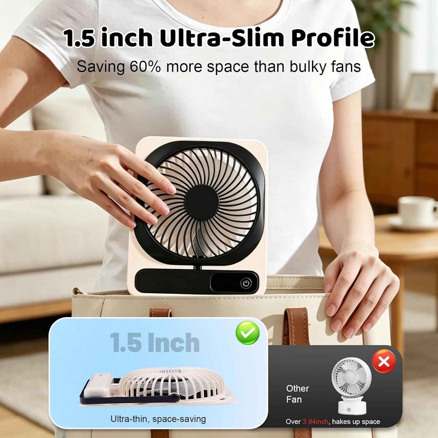 Qoqooice Portable Desk Fan Battery Operated, Quiet USB Rechargeable Mini Personal Fan with 10H Battery 5 Speeds 180° Foldable Design Small Table for Office Home Bedroom Travel Camping