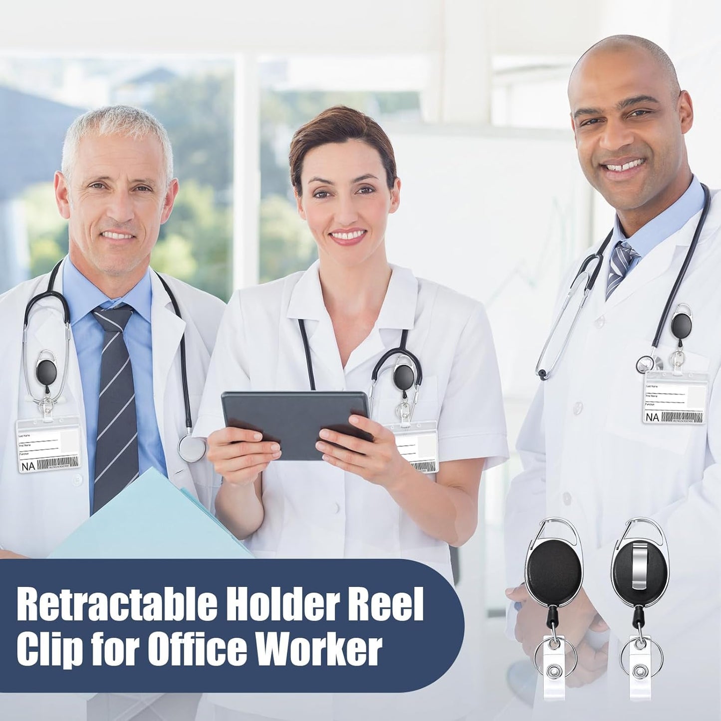 Laumoi Retractable ID Badge Holder Badge Reel with Belt Clip and Key Ring, Name ID Badge Clips Keychain for Office Worker Doctor Nurse Employee (Black,250)